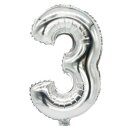 Folienlufballon, 35 x 20cm, "3", silber, mit...
