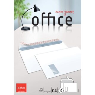 FSC Briefumschlag im Format C4, mit Haftklebung/Längsseite, Fenster und Innendruck, Hochformat, weiß, 120g, 324 x 229 mm, 1 Packung = 10 Stück