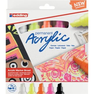 Acrylmarker 5000, 5er Set, 5 - 10 mm, Keilspitze, permanent, Farben: verkehrsweiß, schwarz, neongelb, neonorange, neonpink