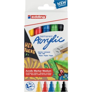 Acrylmarker 5100, 5er Set, 2 - 3 mm, Rundspitze, permanent, Farben: schwarz, verkehrsrot, enzianblau, verkehrsgelb, gelbgrün