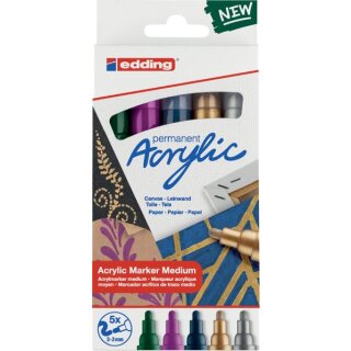 Acrylmarker 5100, 5er Set, 2 - 3 mm, Rundspitze, permanent, Farben: schwarz, verkehrsrot, enzianblau, verkehrsgelb, gelbgrün