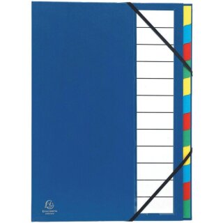 Exacompta Eckspann-Ordnungsmappe Ordonator, 12 Fächer, blau, fester Vorderdeckel, farbige Taben, Harmonikarücken, einschiebbares Beschriftungsschild auf dem Vorderdeckel, Fassungsvermögen: 600 Blatt (80g/qm), Eckspannverschluss