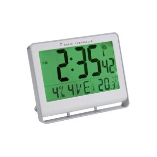 Funkgesteuerte Uhr, LCD, 200x150x30 mm, mit Uhrzeit, Datum, Wochentag, Temperatur und Alarmfunktion