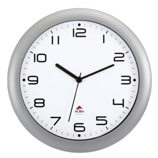 Wanduhr, still, Quarzwerk Ø 300mm, mit  großen schwarzen Zahlen und Zeigern auf weißem Hintergrund, grau