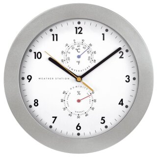 DCF-Funkwanduhr, PG-300, silber, mit Thermometer (Messbereich: 0 bis 40°C), Hygrometer (Messbereich: 40 bis 85 %),  Durchmesser: 30 cm